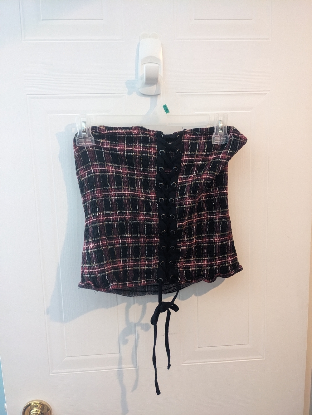Hot Topic Cropped Black and Red Plaid Lace-Up Tube Top